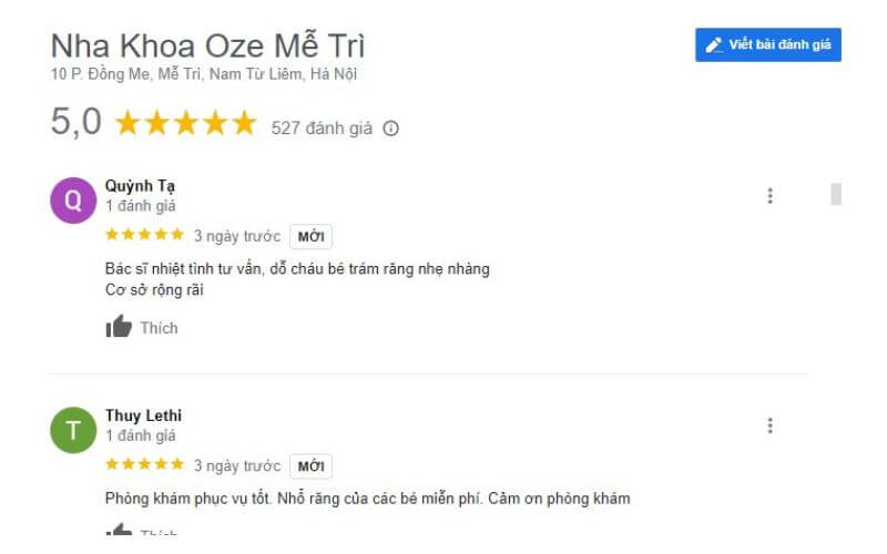 Đánh giá của khách hàng về nha khoa Oze - Mễ Trì