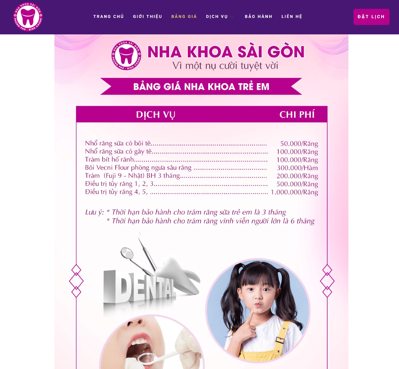 Bảng giá dịch vụ được niêm yết trên website